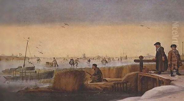 Winter Landscape with Figures on a Bridge, a Hunter and Skaters Oil Painting by Arent Arentsz