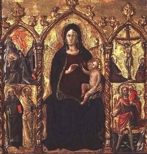 Triptych Madonna and Child (central panel) with Saints and a scene of the Crucifixion Oil Painting by Cola da Camerino Arcangelo di