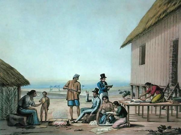 Agagna, Guam Domestic Activities, from 'Voyage Autour du Monde sur les Corvettes de L'Uranie 1817-20' Oil Painting by Jacques Etienne Victor Arago