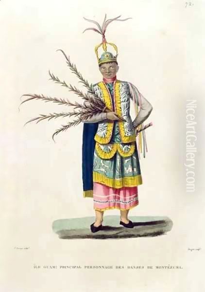 Island of Guam Principal Character from the Dances of Montezuma, from 'Voyage Autour du Monde sur les Corvettes de L'Uranie 1817-20' Oil Painting by Jacques Etienne Victor Arago