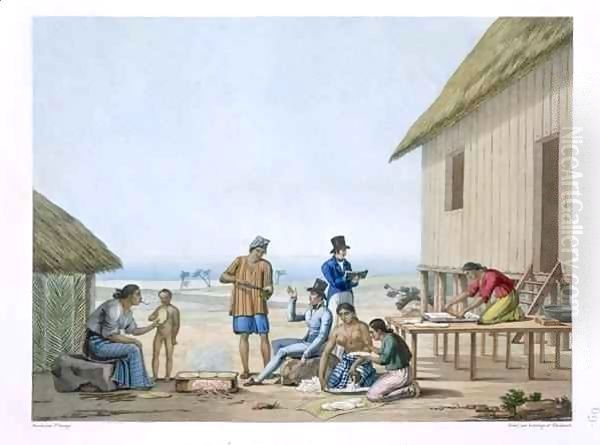 Domestic occupations, Agagna, Guam, Philippines, from 'Voyage Autour du Monde (1817-20) Oil Painting by Jacques Etienne Victor Arago