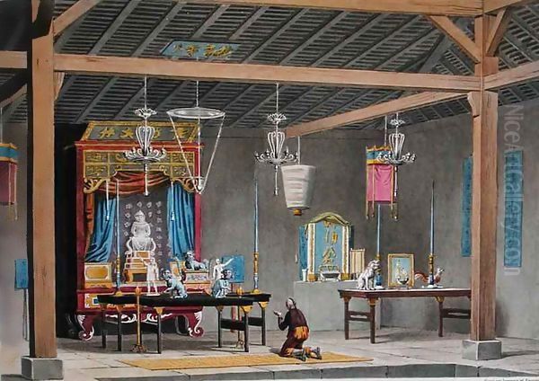 View of the Interior of the Chinese Temple at Coupang, Timor, from 'Voyage Autour du Monde sur les Corvettes de L'Uranie 1817-20' Oil Painting by Jacques Etienne Victor Arago