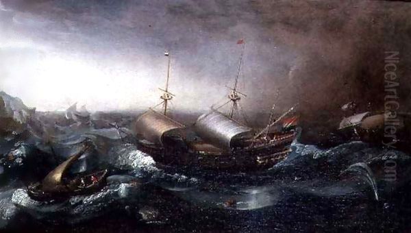 Dutch Merchant Vessels and a Smalschip Accompanied by Dolphins in Heavy Seas Oil Painting by Aert van Antum