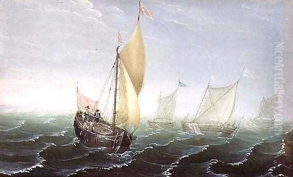 Shipping in Windswept Waters Oil Painting by Aert van Antum