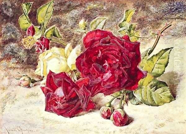 One White and Two Red Roses and Buds Oil Painting by Helen Cordelia Coleman Angell