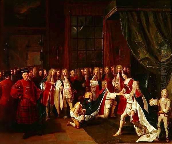 Queen Anne and the Knights of Garter Oil Painting by Pierre Angelis or Angillis