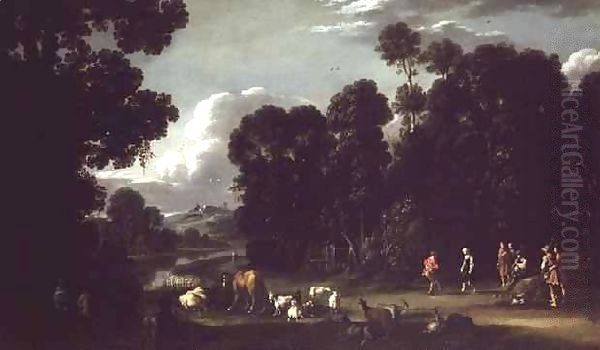 Italianate Landscape at Twilight with Peasants Dancing Oil Painting by Filippo de Liano d' (Napoletano) Angeli