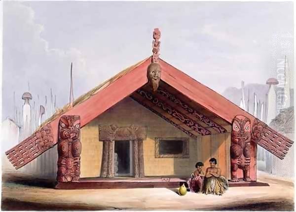 Maori food storehouse ('whatas' or 'patukas') from the 'New Zealand Illustrated' Oil Painting by George French Angas