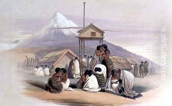 The ceremony of Ongi, or Pressing Noses: Natives greeting each other, with Mount Egmont in the distance from the 'New Zealand Illustrated' Oil Painting by George French Angas