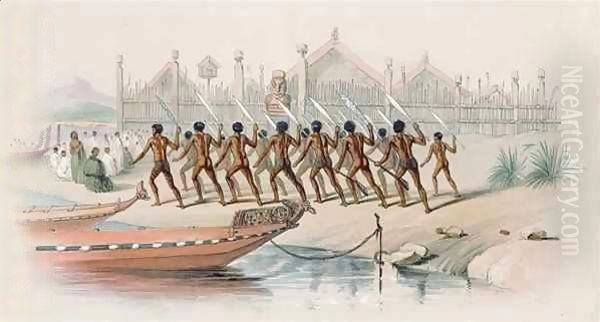 War-Dance by Maori warriors before the great pa (village) of Ohinemutu at the Rotorua Lakes from the 'New Zealand Illustrated' Oil Painting by George French Angas