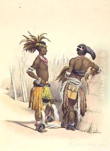 Umbambu and Umpengulu, Young Zulus in Dancing Costume Oil Painting by George French Angas