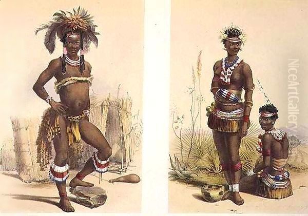 N'Pae a Young Zulu in Gala Dress and Two of King Panda's Dancing Girls Oil Painting by George French Angas