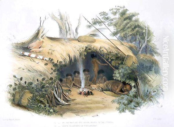 The Aboriginal Inhabitants, II. Native Encampment at Portland Bay, 'Cold Morning' and his family Oil Painting by George French Angas