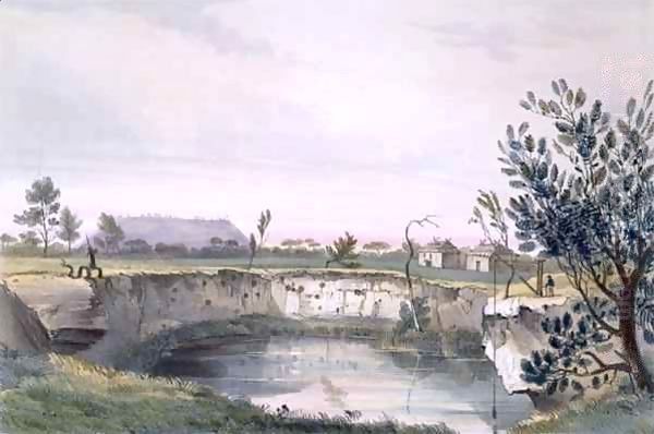 Messrs' Arthur's Sheep Station, with one of the volcanic wells. Mount Schank in the distance - early morning, from 'South Australia Illustrated' Oil Painting by George French Angas