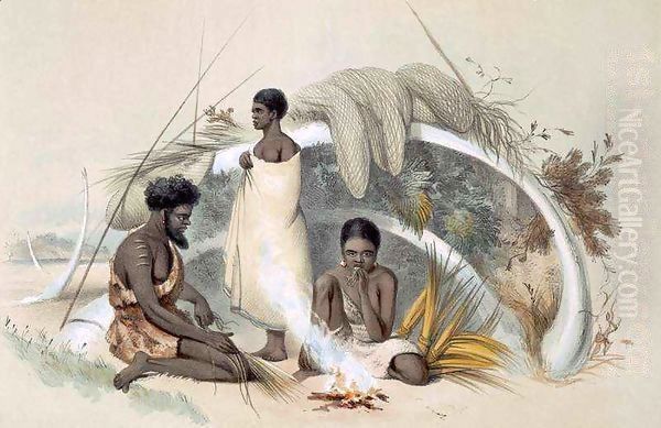 Natives of Encounter Bay, making cord for fishing nets in a hut formed from the ribs of a whale Oil Painting by George French Angas