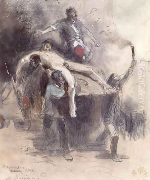 Men carrying away a corpse Oil Painting by Pierre Andrieu