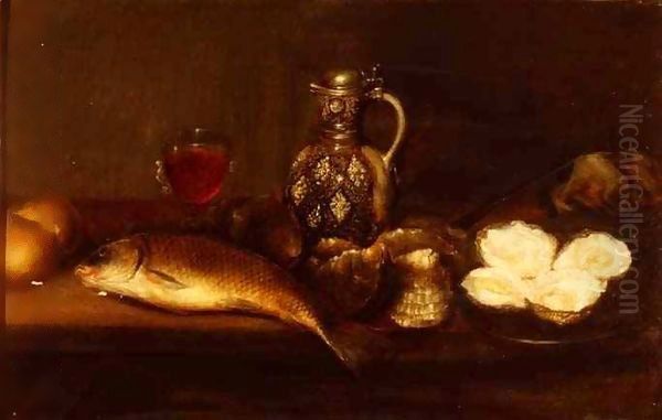 A breakfast still life with a stoneware jug, fish and oysters Oil Painting by Alexander Andriessen