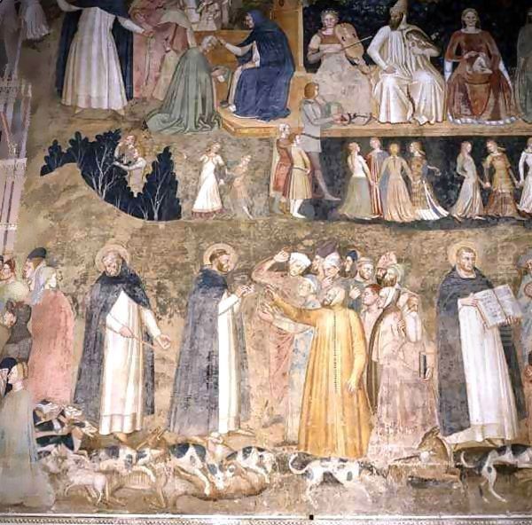 St. Dominic Sending Forth the Hounds of the Lord, with St. Peter Martyr and St. Thomas Aquinas Oil Painting by Andrea Bonaiuti da Da Firenze