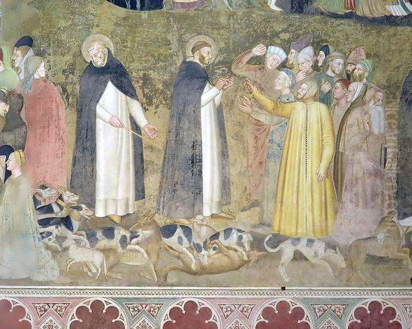 St. Dominic Sending Forth the Hounds and St. Peter Martyr Casting Down the Heretics, from the Spanish Chapel Oil Painting by Andrea Bonaiuti da Da Firenze