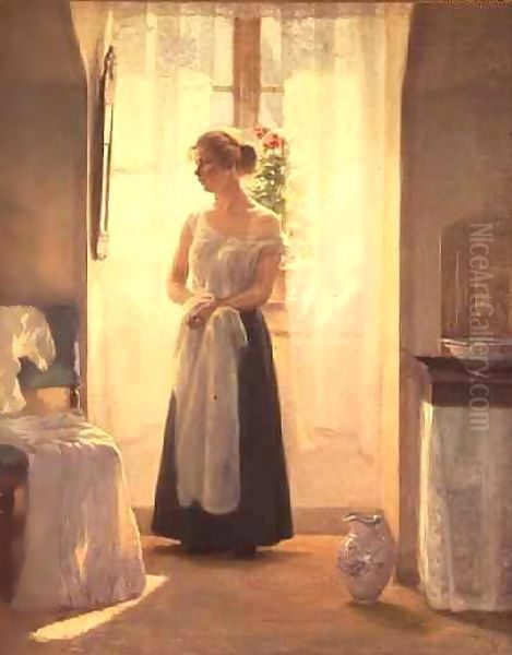 Interior with a Girl standing in front of a Mirror Oil Painting by Cilius Anderson