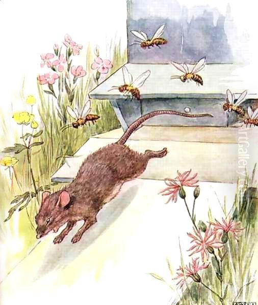 'They rushed at me buzzing and humming and tried to sting', illustration from 'The Mischievious Mousie Book' Oil Painting by Anne Anderson