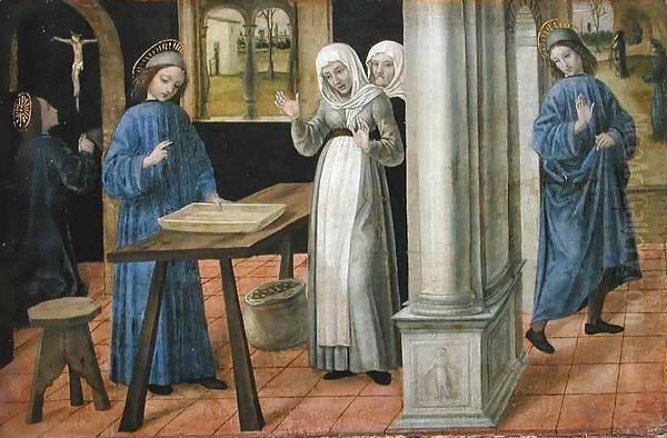 The Prayer, The Miracle of the Sieve and the Departure for Subiaco, predella panel from an altarpiece depicting Scenes from the Life of St. Benedict Oil Painting by Ambrogio da Fossano (Il Bergognone)