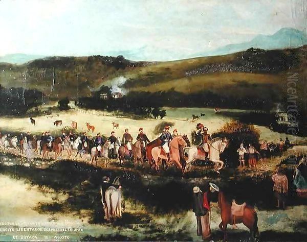 Simon Bolivar (1783-1830) and Francisco de Paula Santander (1792-1840) travelling to Bogota with the army of the 'Libertador' after the victory of Boyaca Oil Painting by Francisco de Paula Alvarez