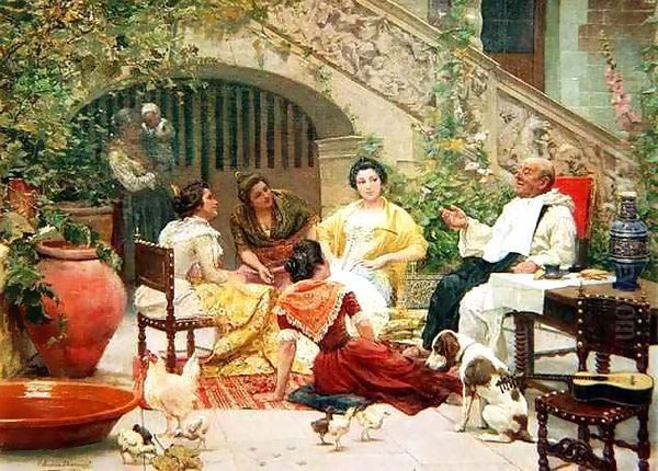 A Social Gathering on the Patio Oil Painting by Eugenio Alvarez Dumont