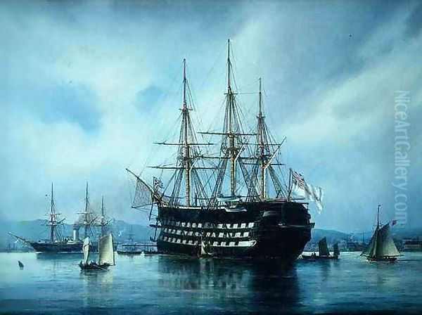 An English warship at anchor off a port Oil Painting by Jean Altamura