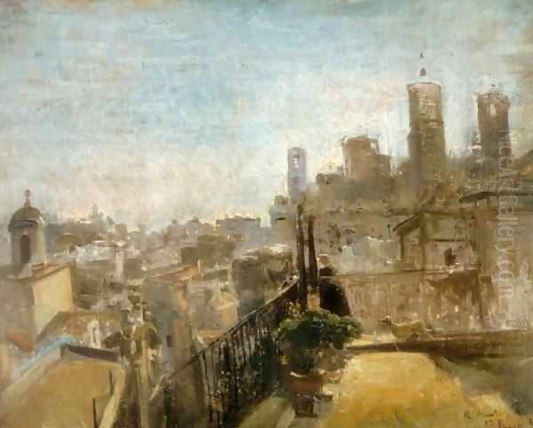 View of Barcelona from a terrace roof of Riera de San Juan Oil Painting by Ramon (Marti) Alsina