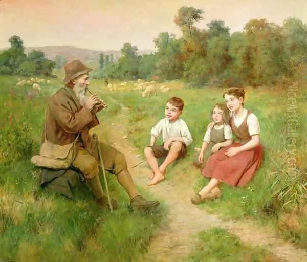 Children Listen to a Shepherd Playing a Flute Oil Painting by J. Alsina