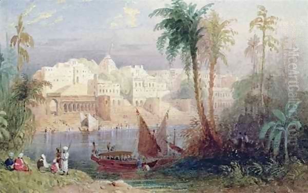 A View of an Indian city beside a river, with boats on the river and figures in the foreground Oil Painting by Allote