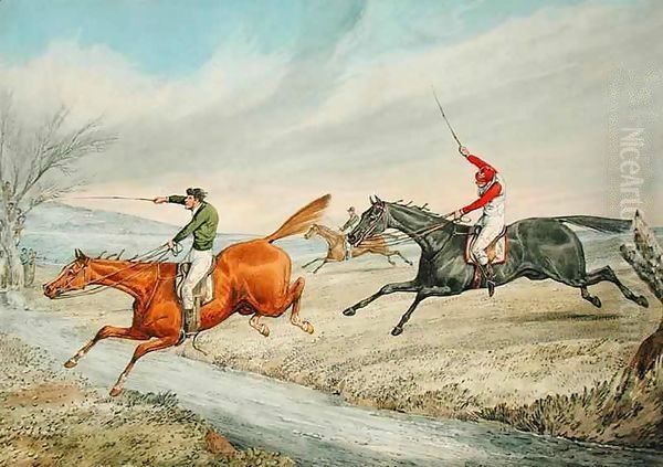 Steeplechasing Three Riders Taking a Brook Oil Painting by Henry Thomas Alken