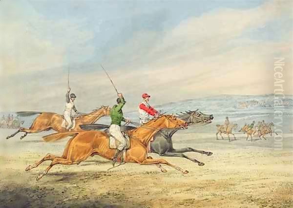 Steeplechasing Three Riders galloping to right, mounted spectators in background Oil Painting by Henry Thomas Alken