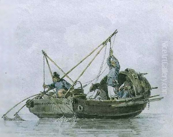 Chinese Fishermen in a Junk Oil Painting by William Alexander