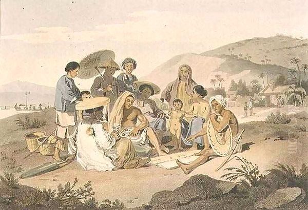 A Group of Cochin Chinese Oil Painting by William Alexander