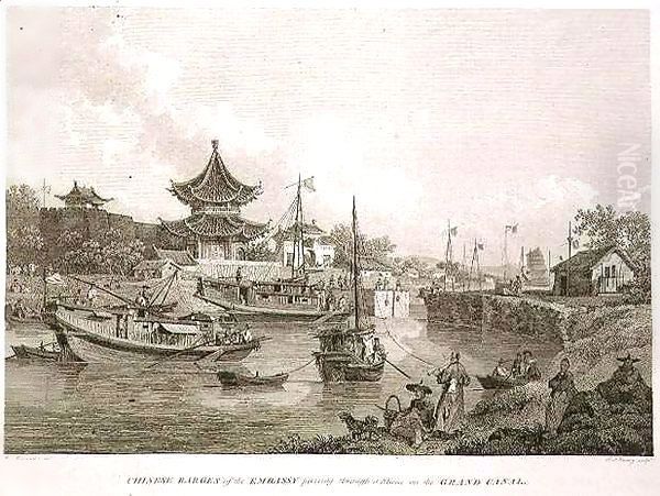 Chinese Barges of the Embassy Passing Through a Sluice of the Grand Canal Oil Painting by William Alexander