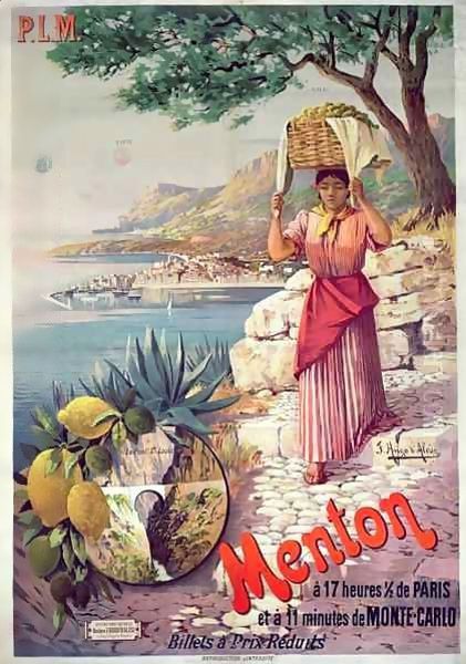 Travel poster advertising the Paris-Lyon-Mediterranee train line and holidays in Menton on the Cote d'Azur Oil Painting by Hugo d' Alesi