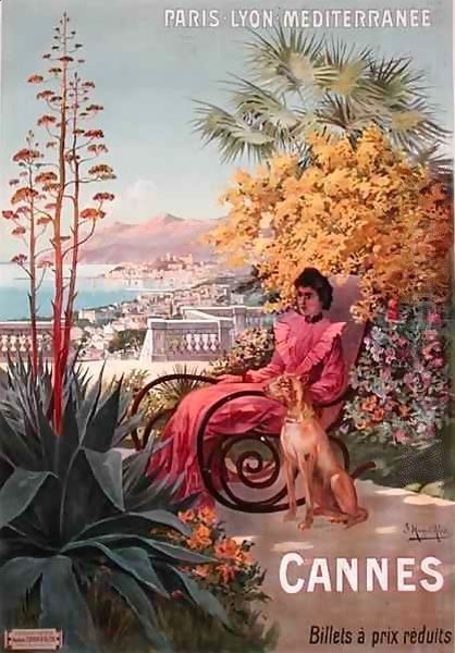 Travel poster advertising the Paris-Lyon-Mediterranee train line and holidays in Cannes Oil Painting by Hugo d' Alesi