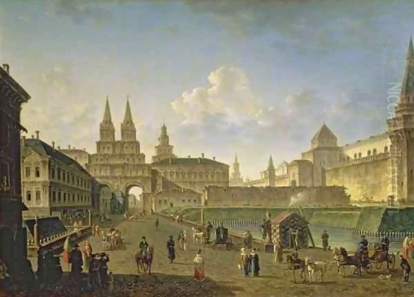 View of the Voskresensky and Nikolsky Gates and the Neglinny Bridge from Tverskay Street in Moscow Oil Painting by Fedor Yakovlevich Alekseev