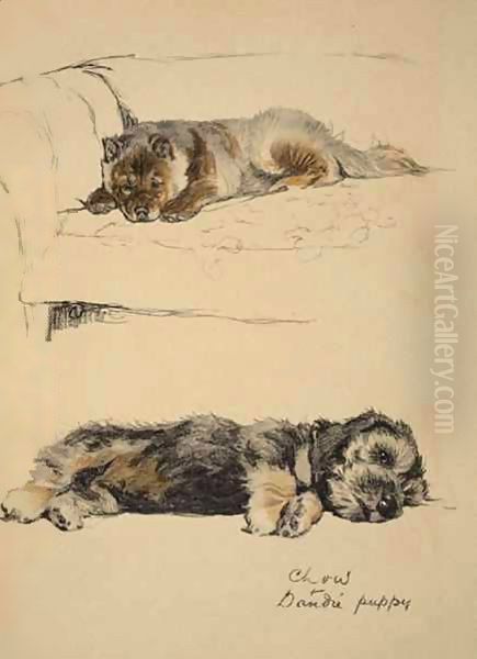 Chow and Dandie Puppy Oil Painting by Cecil Charles Aldin