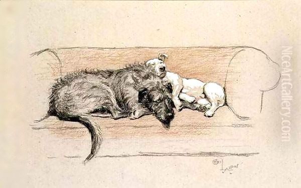 Wolfhound and Bull Terrier Asleep on a Sofa Oil Painting by Cecil Charles Aldin