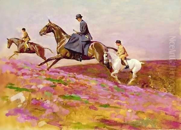 Lady Currie with her sons Bill and Hamish Hunting on Exmoor Oil Painting by Cecil Charles Aldin