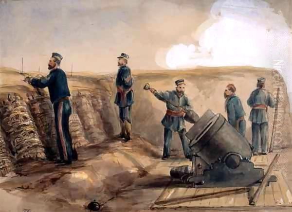 A 13-inch mortar of the Royal Artillery in action by Lt. Henry James Alderson