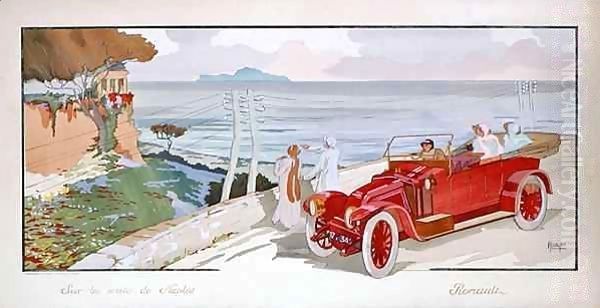 'On the road to Naples', advertisement for Renault motor cars Oil Painting by Aldelmo