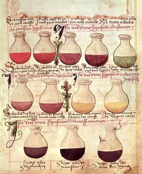 Series of flagons for urine analysis, from 'Tractatus de Pestilencia' Oil Painting by M Albik