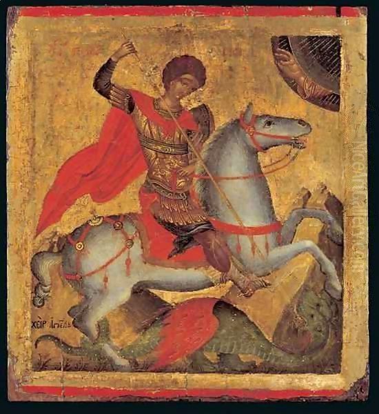 Icon of St. George on Horseback, Slaying the Dragon Oil Painting by Angelos Akotandos