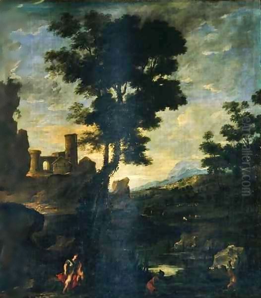 Landscape with Leto and the peasants transformed into frogs Oil Painting by Benito-Manuel de Aguero