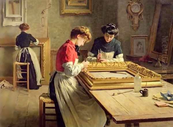 Interior of a Frame Gilding Workshop Oil Painting by Louis Emile Adan