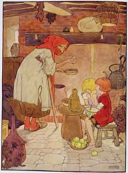 Hansel and Gretel are fed by the Witch Oil Painting by Frank Adams